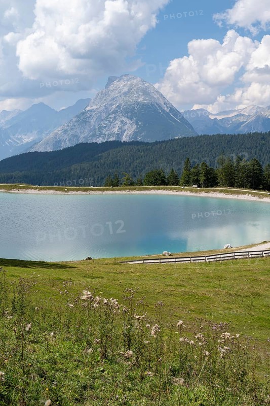 Reservoir at Gschwandtkopf, Karwendel Mountains, behind Wetterstein range, Alps, Seefeld, Tyrol, Austria, Europe
