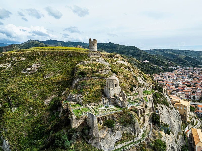 Ruins of the Church of Saint Francis of Assisi and Amantea Castle from a drone, Amantea, Tyrrhenian Sea, Calabria, Italy, Europe