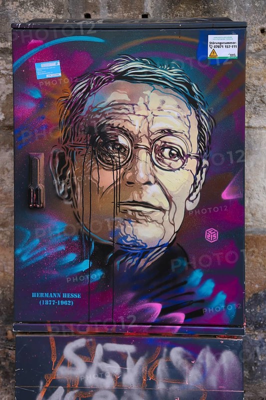 Painted cable distribution box in historic city centre, modern painting, art, portrait of Hermann Hesse, municipal utilities fault number, graffiti, smeared, university town, Tübingen, Baden-Württemberg, Germany, Europe