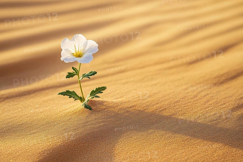 Single white flower growing in desert sand. Generative Ai, AI generated