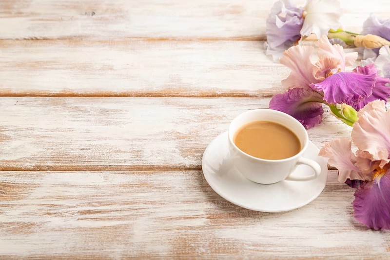 Cup of cioffee with lilac and purple iris flowers on white wooden background. side view, copy space, still life. Breakfast, morning, spring concept