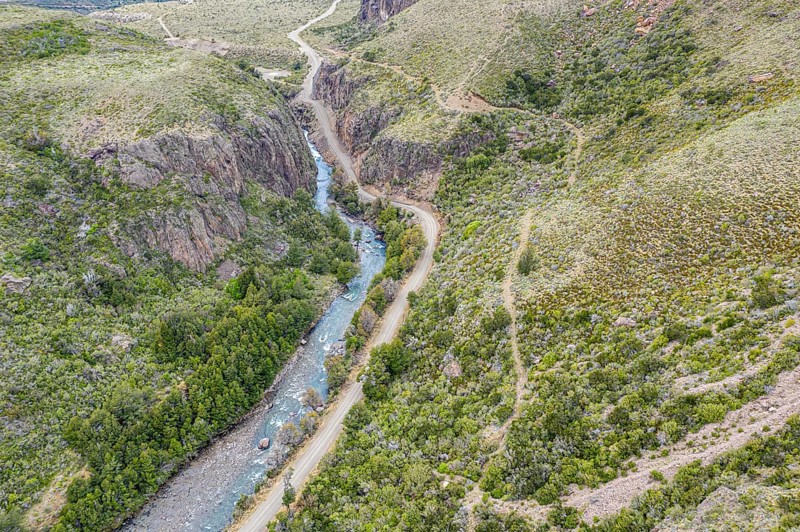 Canyon of river Rio Claro west of Puerto Ingeniero Ibanez, gravel road along the river, aerial view, Patagonia, Chile, South America