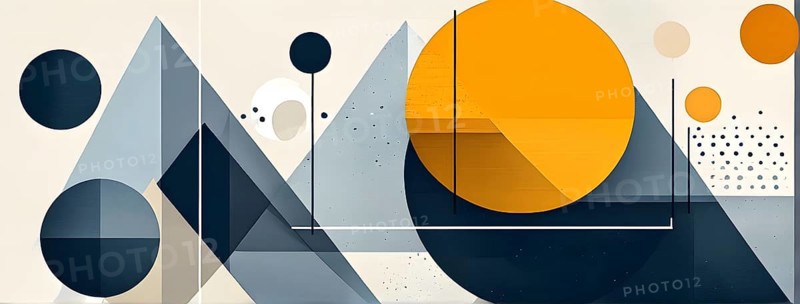 Minimalist composition of overlapping geometric shapes, such as circles, squares, and triangles, with clean lines and muted pastel colors, AI generated