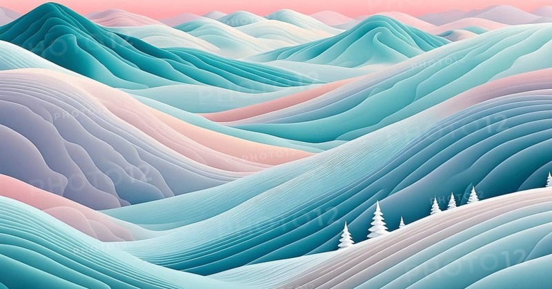 Christmas-themed abstract landscape with fluid, flowing lines representing snow-covered hills and trees in soft, pastel shades, AI generated