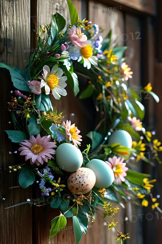 Spring wreath with pastel ribbons, speckled eggs, and blooming flowers, hanging on a wooden background, AI generated