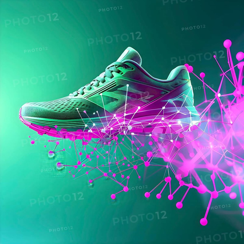 Sporting equipment, like a running shoe, breaking into pixels and data points, morphing into a network of neural nodes, AI generated