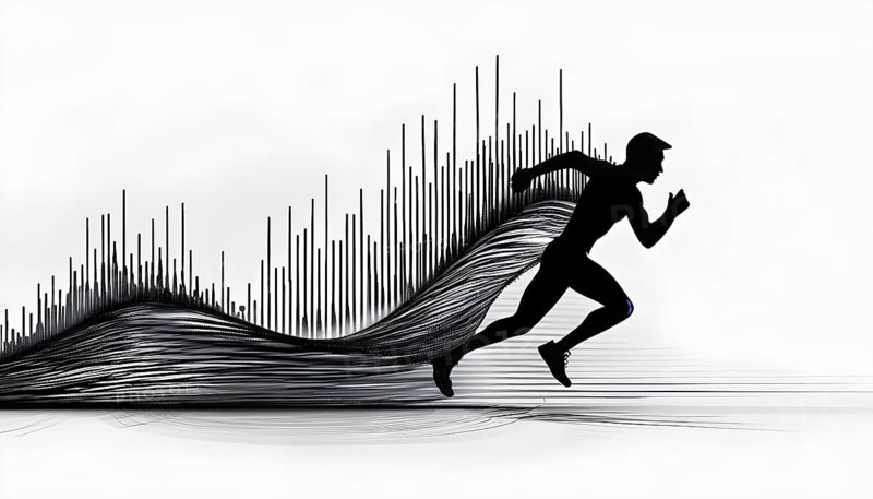 Wave of data points shaping into a runners silhouette, abstract illustration in black and white, conveying speed and precision guided by AI, AI generated