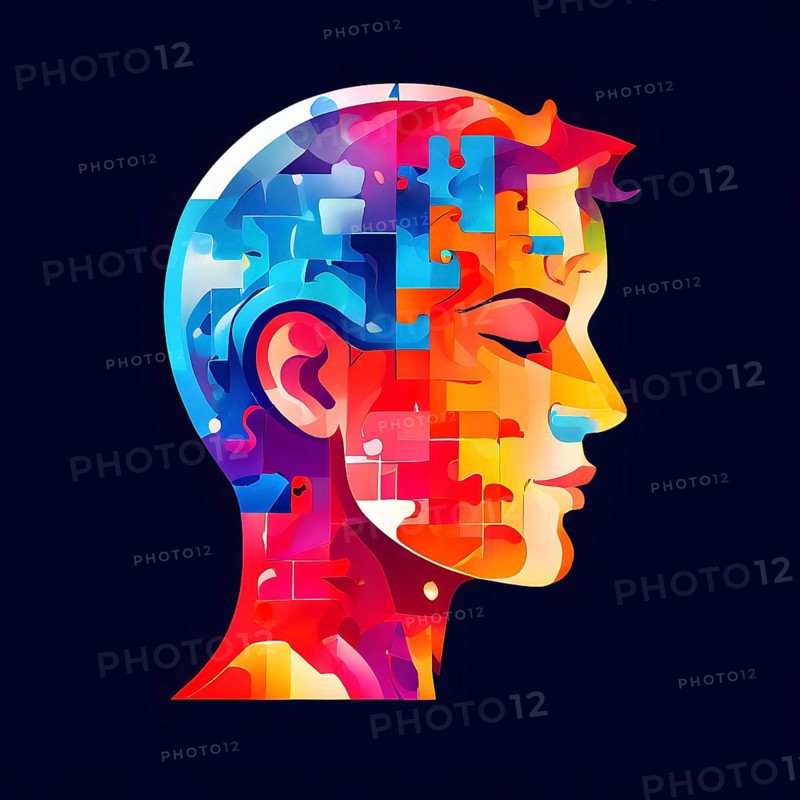 Human head silhouette made from puzzle pieces, isolated on a pure background, AI generated