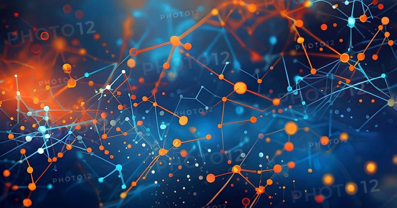 Symbol for artificial intelligence, lines, dots and pattern, vibrant blue and orange hues, abstract wallpaper illustration, AI generated