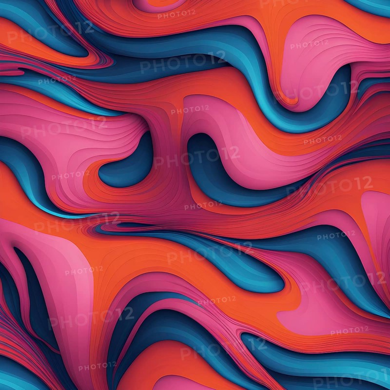 Seamless abstract pattern of vector fluid curved lines creating a dynamic ripple effect in vibrant colors of blue, pink and orange, AI generated