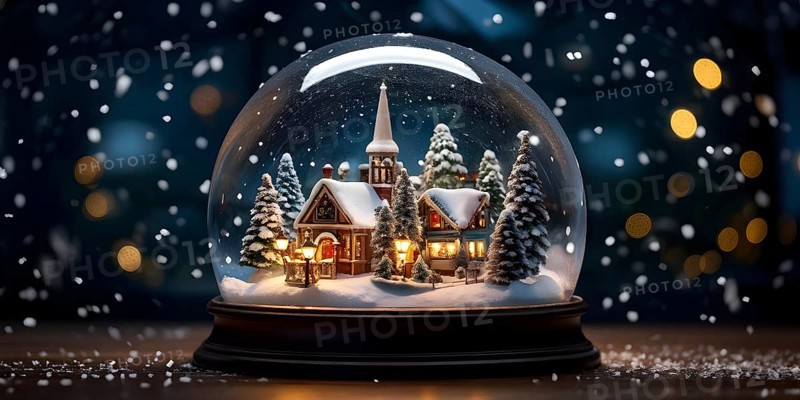Snow globe with a tiny festive village inside, capturing the swirling snow and the light reflections on the glass dome, AI generated