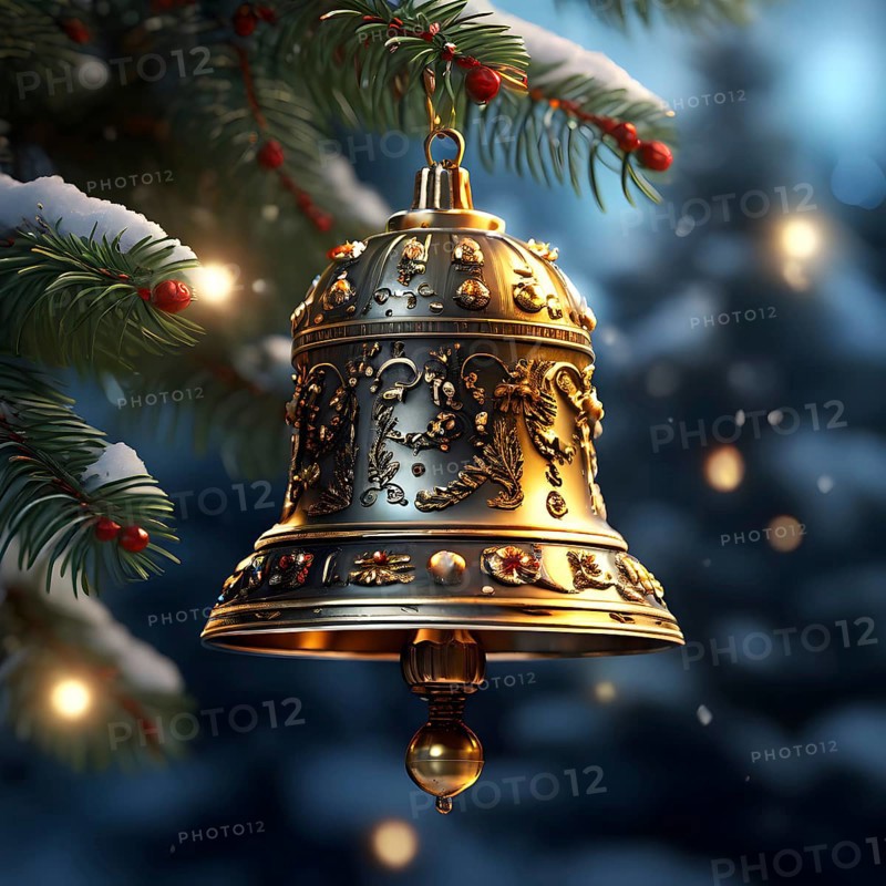 Vintage Christmas bell ornament hanging on a snow-dusted evergreen branch, capturing the intricate metallic details and soft reflections of nearby lights, AI generated