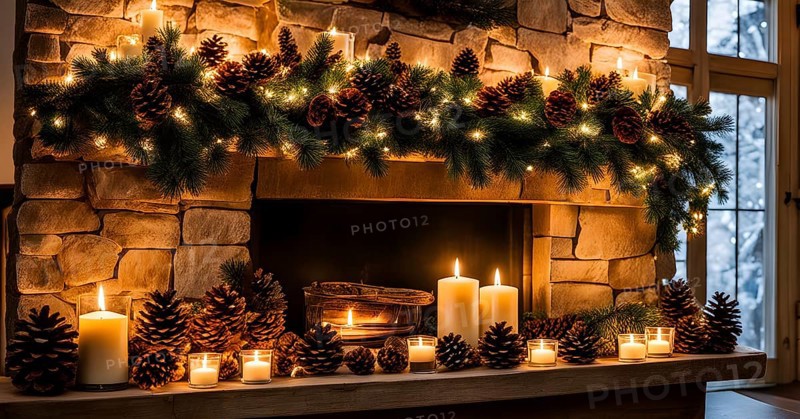 A cozy fireplace mantle decorated with pine cones, garlands, and lit candles, with a close-up focus on a burning candle flame, AI generated