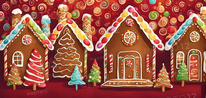 Abstract wallpaper illustration of of gingerbread house decoration, AI generated