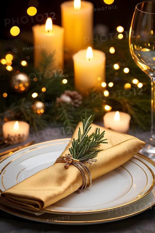 Beautifully decorated Christmas table setting with a golden napkin ring, sparkling cutlery, and a sprig of rosemary, set against a background of softly glowing candlelight, AI generated