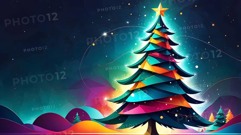 Abstract Christmas tree illustration with vibrant colors and geometric shapes, AI generated