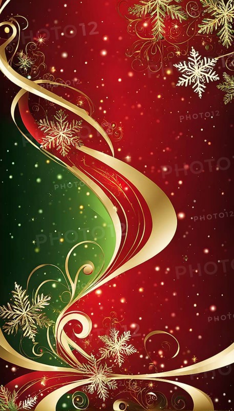 Abstract wallpaper illustration of Christmas symbols for gift cards, swirling shapes and lines, in red green and golden colors, AI generated