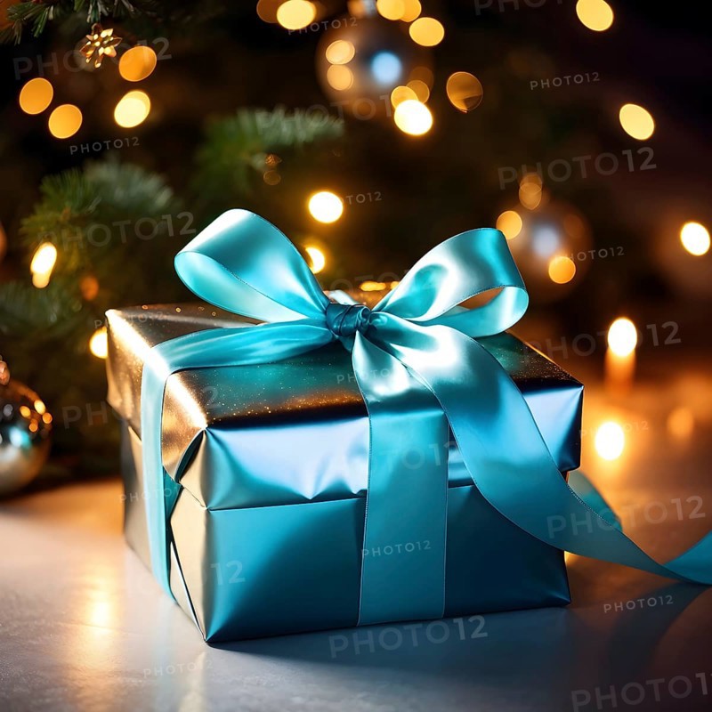 Close-up of a beautifully wrapped Christmas gift with a satin ribbon, set under a glowing Christmas tree, AI generated