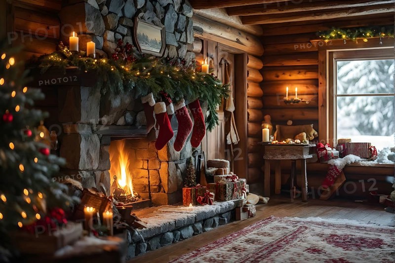Traditional stone fireplace decorated for Christmas, with garlands, stockings, and candles, set in a cozy, snow-draped winter cabin, AI generated