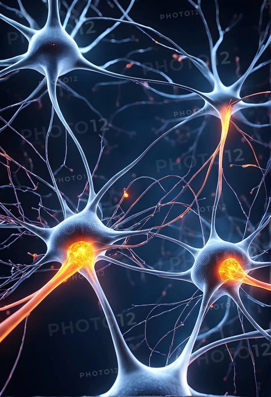 Visualization of neurons firing neurotransmitters in the synaptic gap, AI generated
