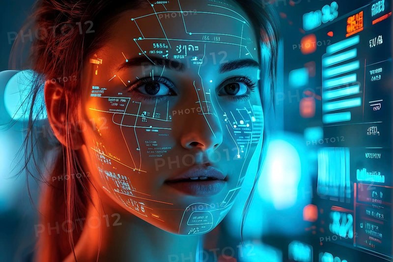 3d digital facial recognition displaying a female face with overlaid ai biometric data, AI generated