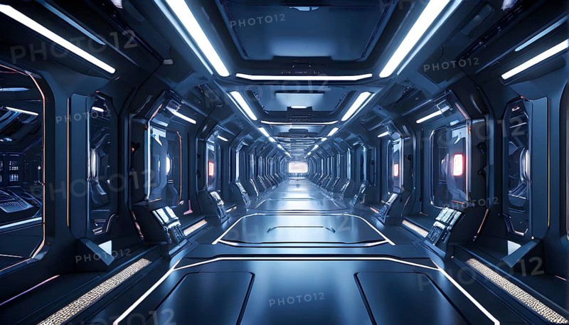 Three dimensional render of futuristic corridor inside a spaceship or space station, AI generated