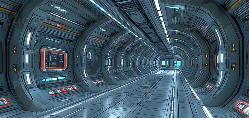 Three dimensional render of futuristic corridor inside a spaceship or space station, AI generated