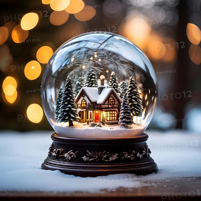 Winter Wonderland in Glass Ball Snow Globe on table and blurred bokeh background, AI generated