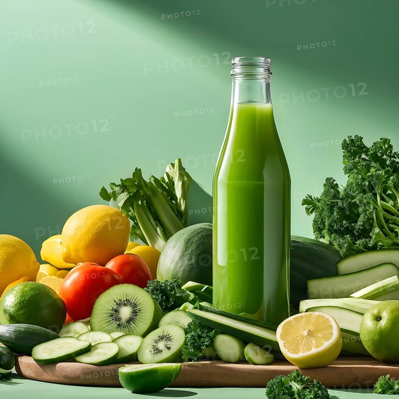 Bottle of vibrant green detox juice surrounded by green fruit and vegetables, AI generated