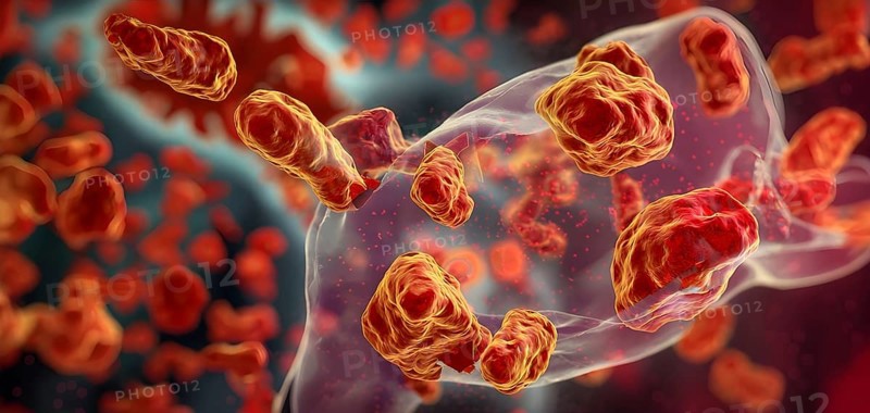 Three dimensional render of a tuberculosis bacteria in an organism, AI generated