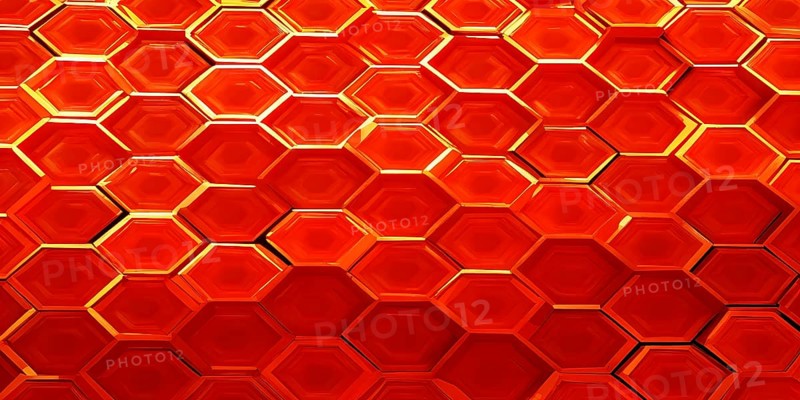 Abstract composition of interlocking red hexagons, AI generated