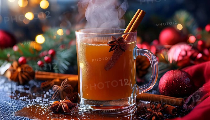 Steaming apple cider in a glass mug, garnished with a cinnamon stick and star anise, surrounded by festive decorations, AI generated