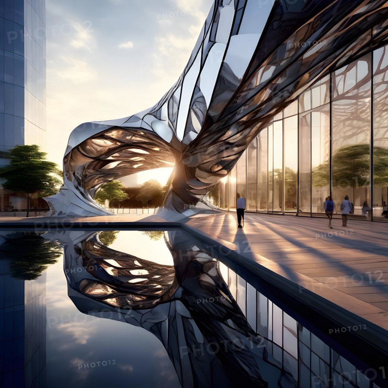 KI generated architectural structure melding computer aided design illustrations with genuine photoelements, AI generated