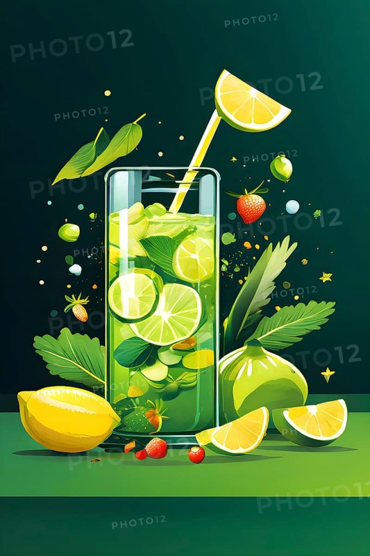 Abstract wallpaper composition with bottle of delicious green detox juice and fruits and vegetables, AI generated