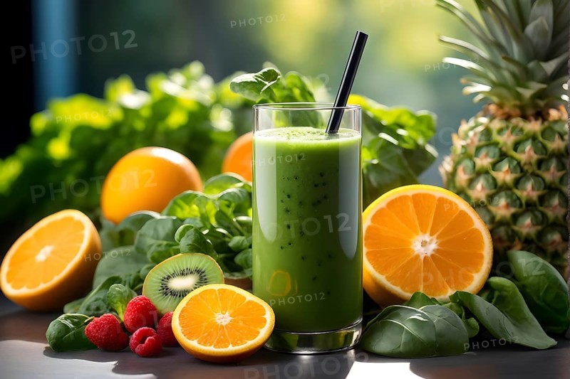 Smoothie surrounded by an assortment of fruits and vegetables, AI generated