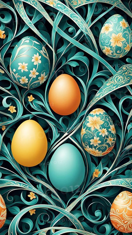 A whimsical abstract pattern with intertwined ribbons, eggs, and floral motifs, with a mix of sharp and soft lines creating depth, AI generated