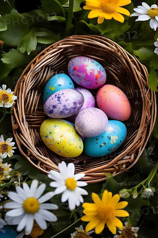 Vibrant-colored Easter eggs in a wicker basket, surrounded by delicate spring flowers, AI generated