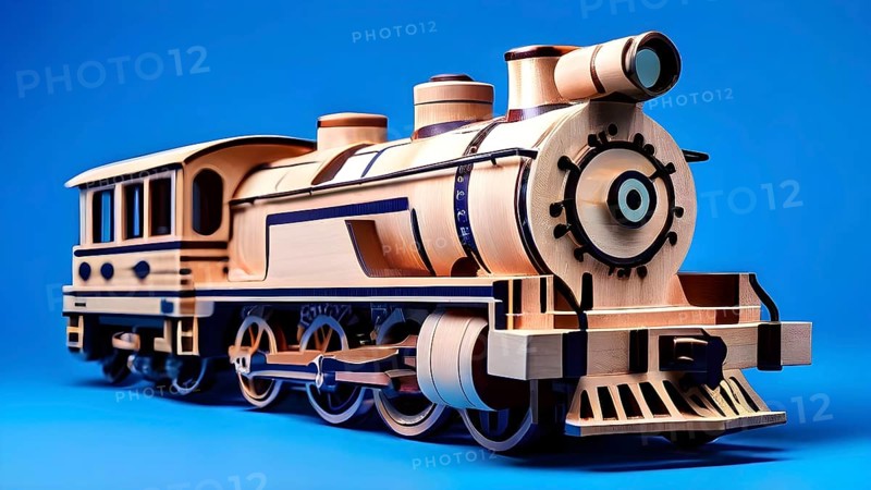 Vintage wooden locomotive toy with a playful design in front of a blue background, AI generated