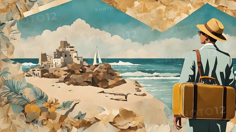 Vintage collage of a tourist with suitcase on a beach symbolizing vacation, AI generated
