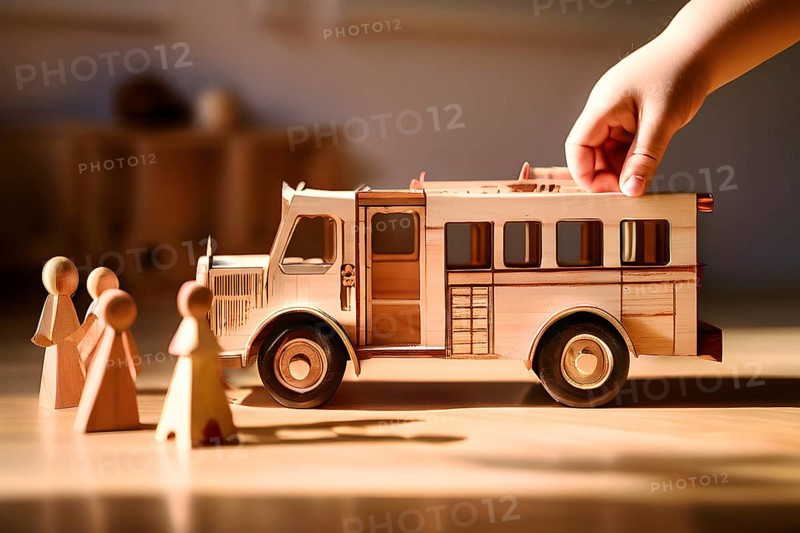 Vintage wooden fire engine toy with a playful design in front of blurred background, AI generated