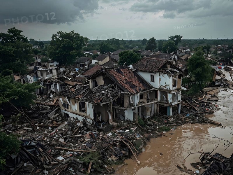 Aerial view showcases the extensive demolition within a village in massive water flood, AI generated