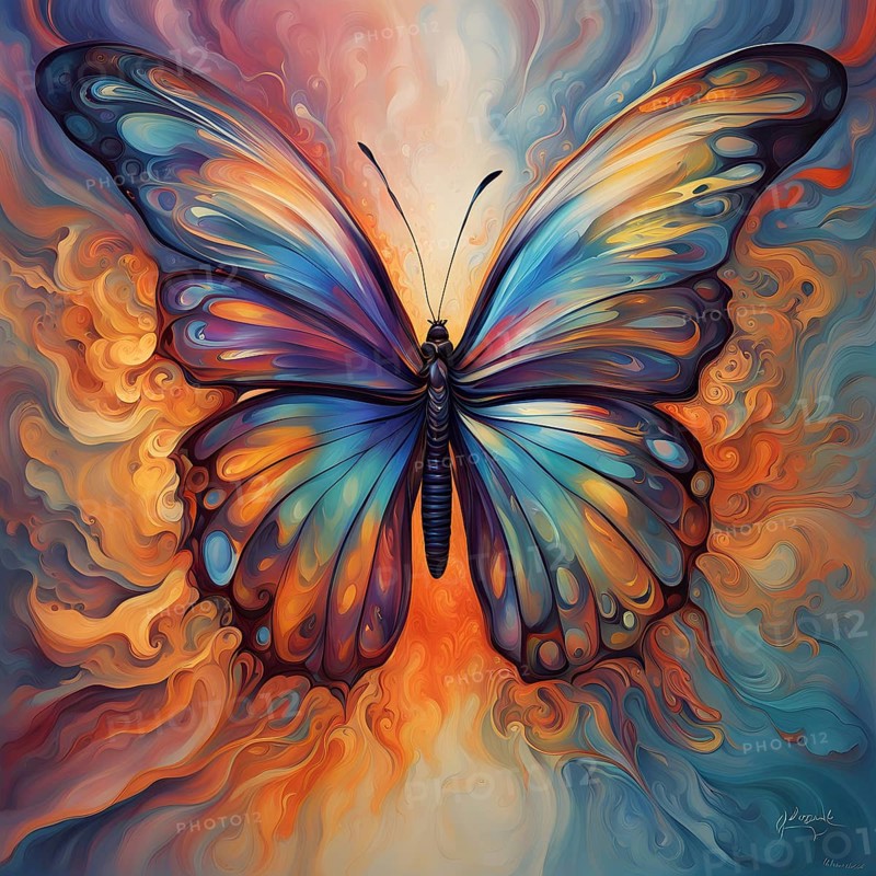 Abstract piece inspired by the iridescent scales of a butterfly highlighting how nature influences color-changing materials, AI generated