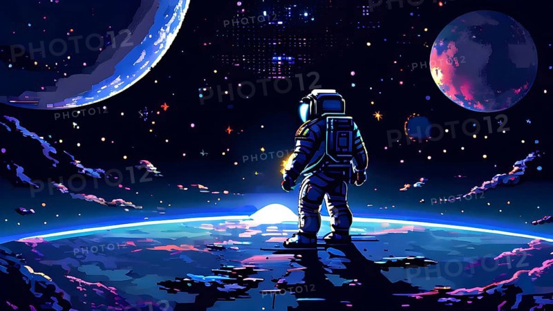 Pixel art illustration of an astronaut outside in the infinite expanse of space, AI generated