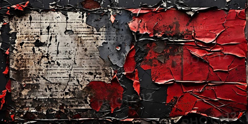 Vintage style collage featuring textured grunge posters in hues of black and red, AI generated