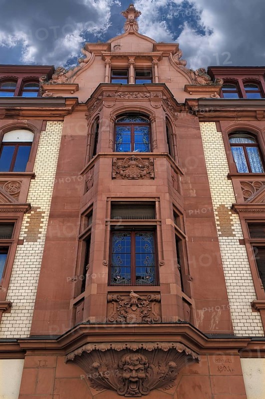 Multi-storey Art Nouveau bay window and roof end of a town house (1901), Haupstr. 86, Heidelberg, Baden-Württemberg, Germany, Europe