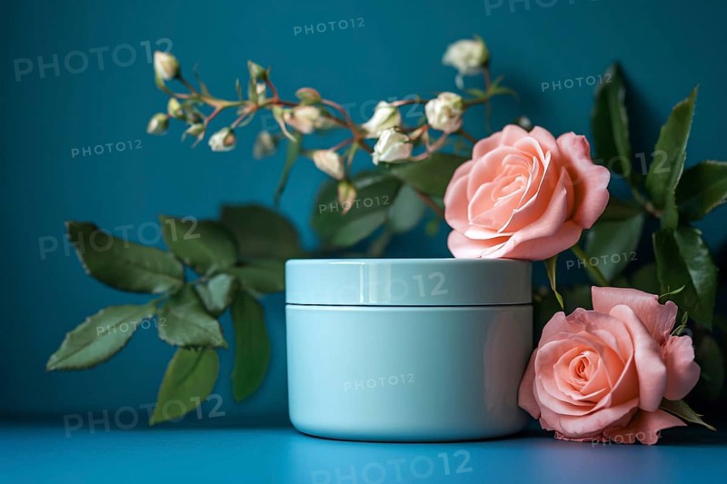 Pot of rose face cream with flowers on dark blue background. Generative Ai, AI generated