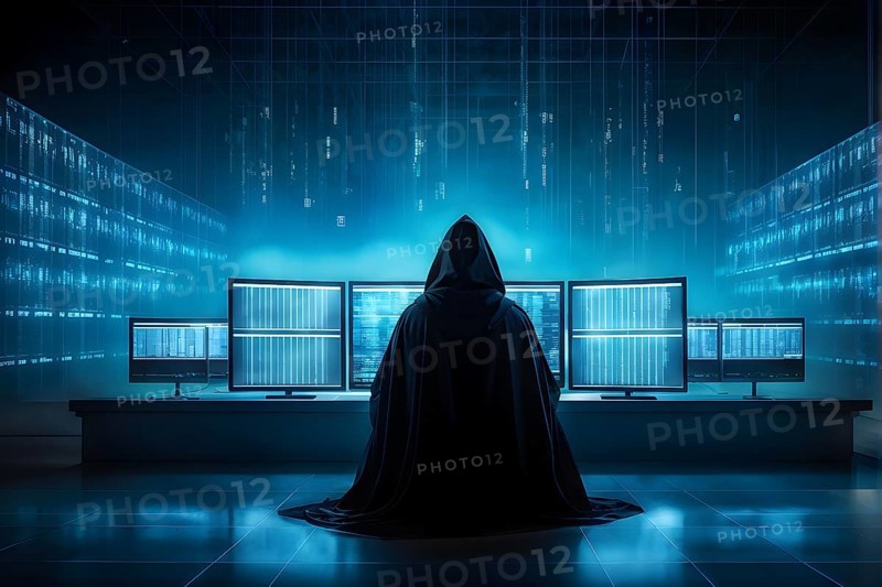 AI generated hooded man clutching a laptop symbolizing cyber criminality