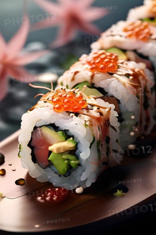 AI generated surreal food art blending a sushi roll with digital elements simulating texture of a stormy sea