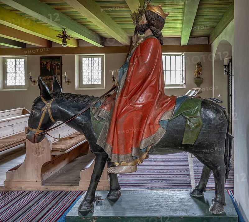 Christ on the palm donkey, wooden figure from around 1470, Church of St Jodokus, Bad Oberdorf, Oberallgäu, Bavaria, Germany, Europe
