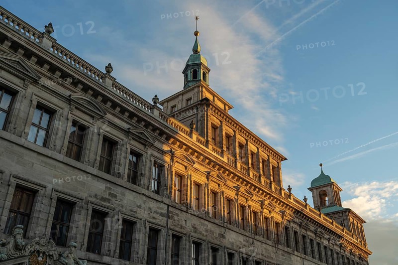 Detailed view of the facade of the historic Wolf Town Hall in the evening light, Nuremberg, Middle Franconia, Bavaria, Germany, Europe